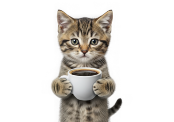 Cute tabby kitten holding a cup of coffee isolated on transparent background