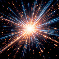 Abstract visualization of a bright cosmic explosion with radiant light beams and glowing particles, symbolizing energy, speed, and the universe in motion.