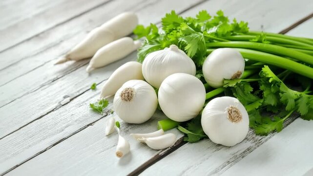 Fresh vegetables including garlic bulbs, celery, and radishes displaying healthy eating