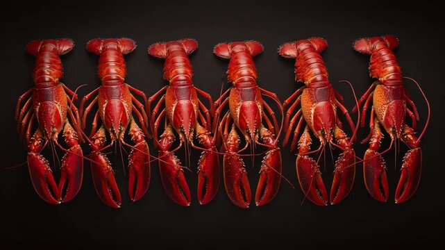 Cooked lobsters arranged in a row on dark background, representing seafood and cuisine