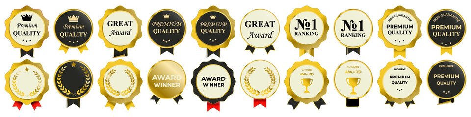 Elegant luxury badge and label set with premium gold and silver frames, ornate decorative borders,...