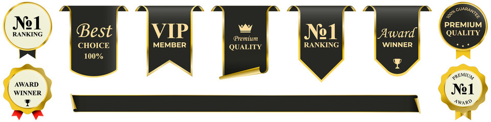 Premium quality vector badge collection featuring elegant golden frames, luxury label designs, and refined decorative tag elements perfect for upscale branding, product packaging, and royal style prom