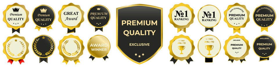 Premium quality vector badge collection featuring elegant golden frames, luxury label designs, and...