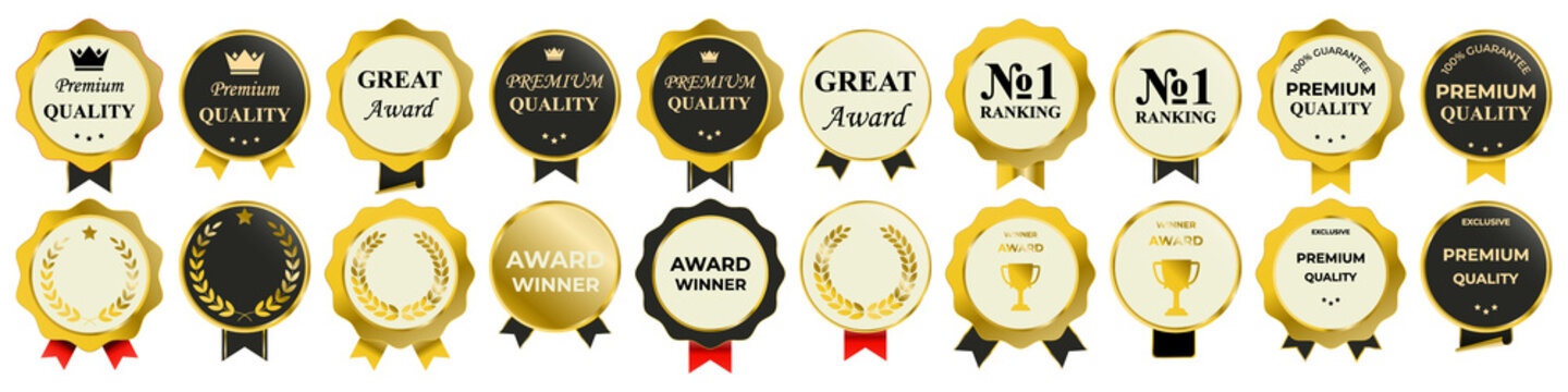 Elegant luxury badge and label set with premium gold and silver frames, ornate decorative borders, and refined emblem designs ideal for high-end branding, exclusive product packaging, and premium prom