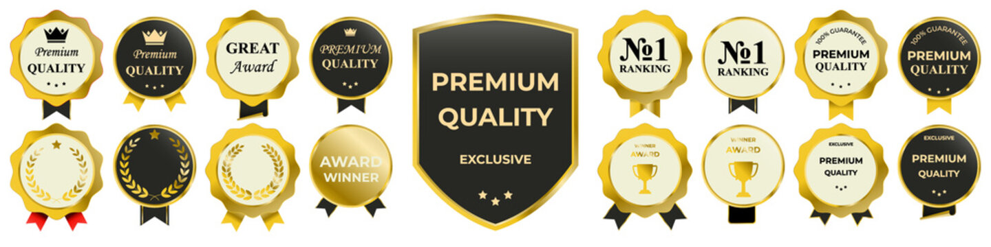 Premium quality vector badge collection featuring elegant golden frames, luxury label designs, and refined decorative tag elements perfect for upscale branding, product packaging, and royal style prom