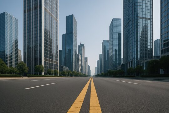 Skyscrapers line a wide urban road with double yellow lines for traffic control - Powered by Adobe