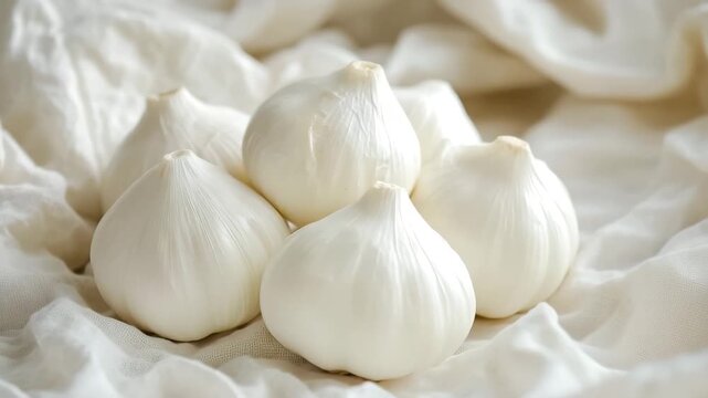 Fresh garlic bulbs resting on a white fabric, ready for cooking