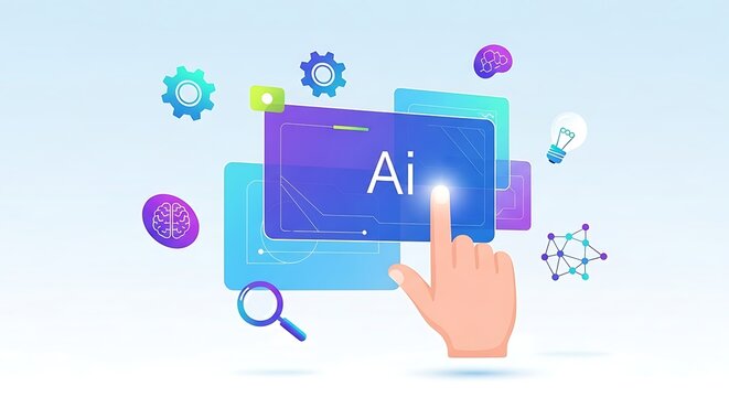 Innovative artificial intelligence technology concept featuring a futuristic digital interface and hand gesture - Powered by Adobe