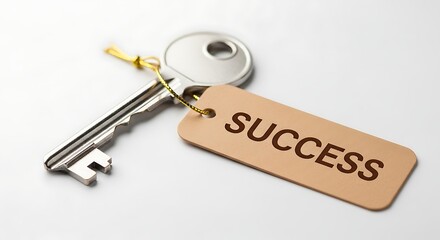 Key to success concept with metal key and success tag