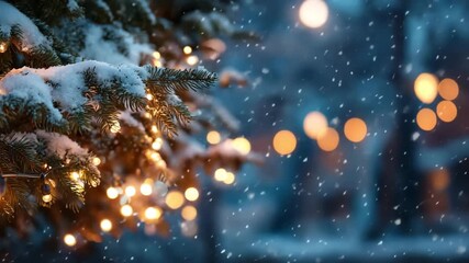 Evergreen branches covered in snow and twinkling string lights during winter - Powered by Adobe