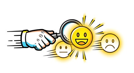 Magnifying glass examining different emotions and moods with a hand in motion