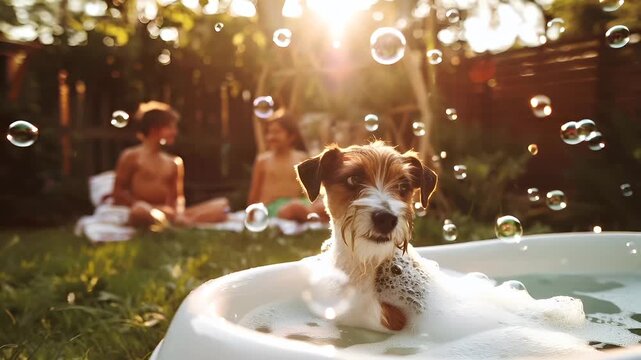 A candid shot of a dog taking a bubble bath outdoors during the golden hour. The dog, possibly a terrier breed, is bathed in a lightcolored liquid, possibly water, with bubbles floating around it.