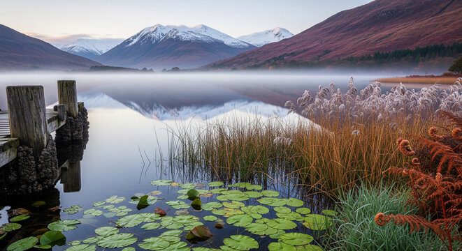 Misty Mountain Loch Landscape at Dawn with Wooden Jetty
A serene and atmospheric landscape photograph of a Scottish loch or glacial lake at dawn or sunrise