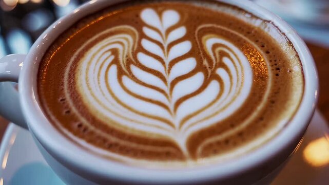 Closeup journey of artful latte creation and elegant coffee presentation in cozy cafe environment