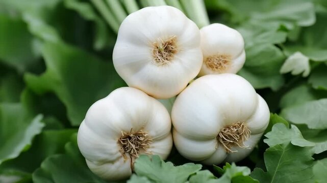 Freshly harvested garlic bulbs with green stalks and roots on a bed of green leaves