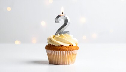 Delicious cupcake adorned with creamy frosting and a silver number two birthday candle, celebrating a special occasion