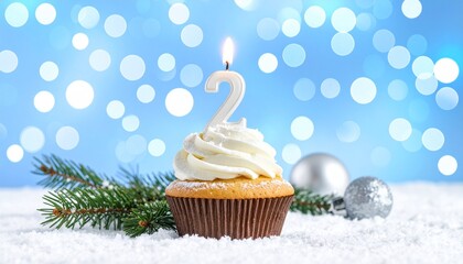 A delightful birthday cupcake adorned with a bright candle and festive decorations, perfect for celebrating a second birthday