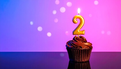 Celebrating Two Years Birthday Cupcake with Number Candle and Bokeh Lights