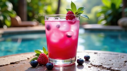 Patriotic Red, White, and Blue Cocktail with Raspberries and Blueberries - Photo 
