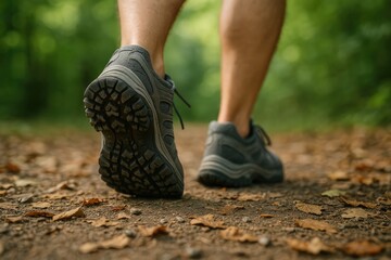 Hiking boots walk on forest path with fallen leaves, nature trail adventure, outdoor exploration