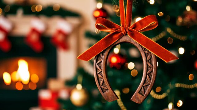 A carved wooden Christmas horseshoe with a red velvet bow hangs from the tree against the backdrop of a glowing fireplace. Wishing you and your home a happy new year.