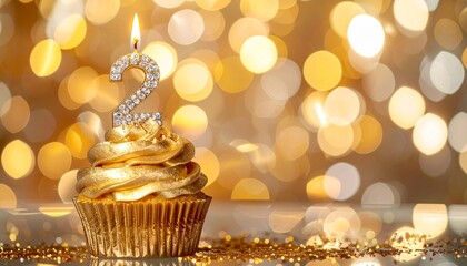 Luxurious golden cupcake with a sparkling number two candle, set against a festive bokeh background, perfect for a second birthday or anniversary celebration