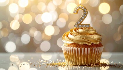 Golden cupcake with a number 2 candle and bokeh lights in the background, celebrating a second birthday or anniversary