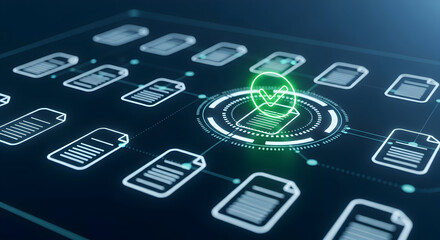 Digital document workflow with verified approval checkmark in futuristic network interface