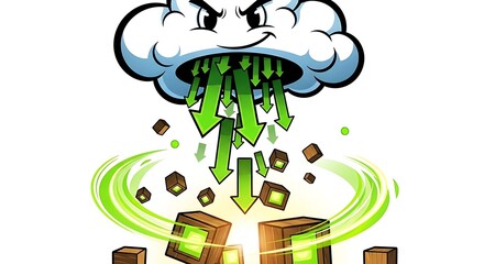 Menacing Cartoon Cloud with Arrows Downloading Packages and Green Energy Effect