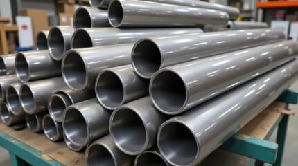 Stack of stainless steel pipes background , metallurgical industry backdrop concept image 
