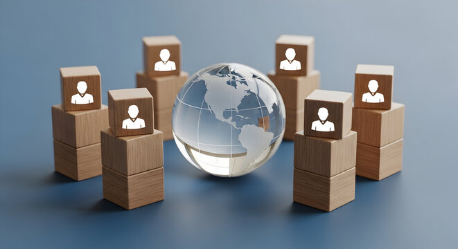 Global team connection symbolized by wooden blocks with people icons around a glass Earth