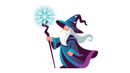 Wizard with Snowflake Spell: A wise wizard, with long white beard and a pointed hat, conjures a magical snowflake with his staff, in a captivating illustration.