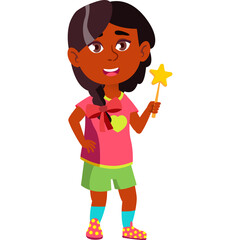 Young Girl With Brown Skin And Braids Holding A Star Wand In A Pink Shirt And Green Shorts With Colorful Socks