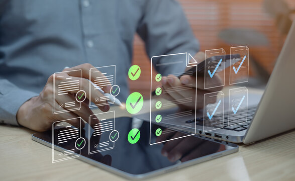 Digital invoice and online payment concept, businessman managing electronic bills, receipts, and financial accounting processes for modern business transactions.