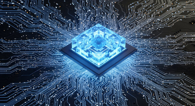 Dynamic glowing blue digital chip powering advanced AI and future technology networks