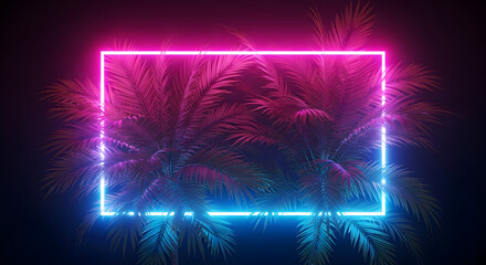 Vibrant neon frame illuminates lush tropical palm leaves creating a retro futuristic vibe