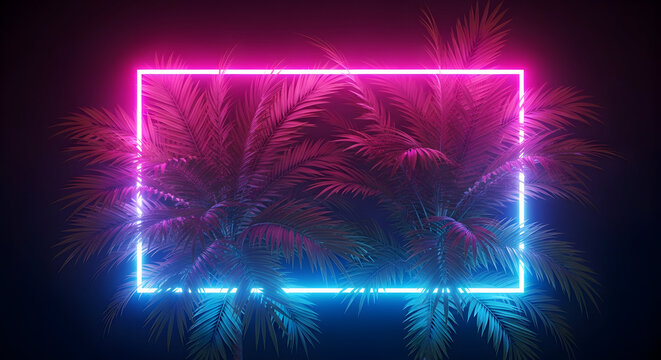 Vibrant neon frame illuminates lush tropical palm leaves creating a retro futuristic vibe - Powered by Adobe