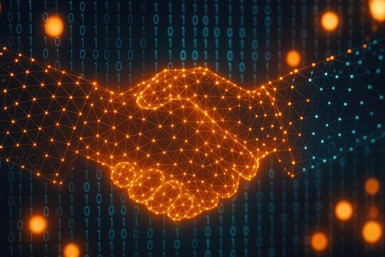 Digital handshake glowing with data points, binary code background, partnership and network concepts