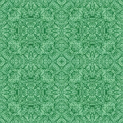 Intricate green pattern featuring symmetrical floral and geometric elements, creating a detailed ornamental design.