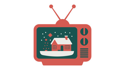Television Broadcast: A vintage television displays a cozy winter scene, evoking a sense of warmth and nostalgia. The image on the screen depicts a charming house under a starlit snowy sky.