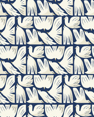 Seamless pattern stylized white birds in various flying positions on dark blue background. Flat minimal vector illustration. Animal design elements. Peace and freedom concept for design and print