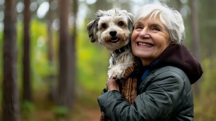 A woman and a dog in a forest setting, with the woman holding the dog close to her chest. The woman is wearing a green jacket and a brown scarf.