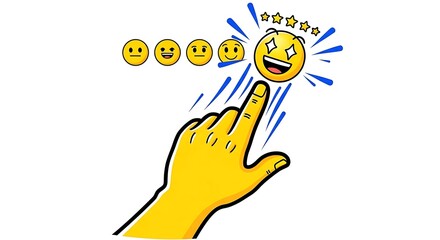 Online Customer Satisfaction Rating with Hand and Emoji Icons on white background