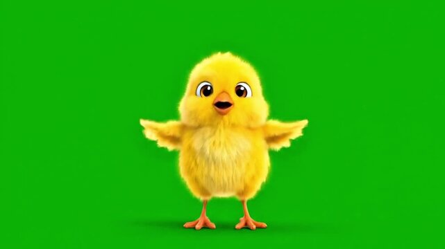 Happy yellow chick jumping on bright green background
