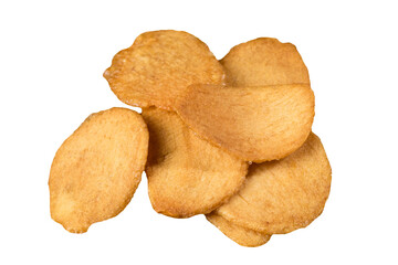 Crispy fried Chinese garlic, isolated on white background. Golden-brown garlic pieces with a crunchy texture and rich aroma, commonly used as a flavorful topping or ingredient in Asian cuisine.