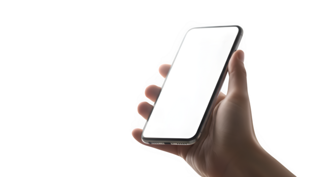 Hand holding smartphone with blank white screen isolated on black background — realistic phone mockup for app or website presentation