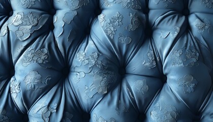 Obraz premium Luxurious Blue Tufted Fabric Texture with Brocade Floral Pattern Close-up Background_2