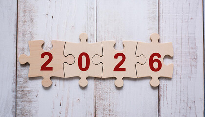Wooden Puzzle Pieces Forming the Year 2026 Connected Together on White Wood Background