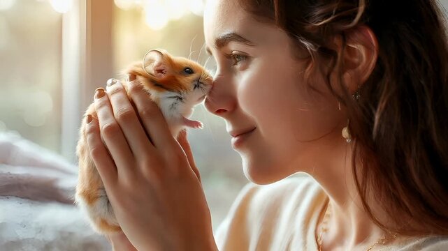 A closeup portrait of a woman holding a small hamster close to her face. The woman is wearing a white top and has her hair pulled back, revealing a portion of her ear.
