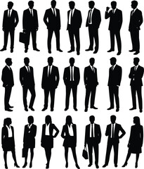 Silhouettes of business professionals in suits, leadership teamwork concept, corporate executives, office workers, collaboration and management illustration